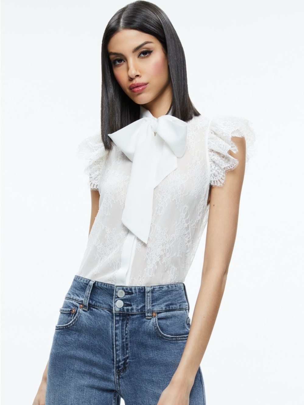 Alice + Olivia Talulah Ruffled Sleeve Bow Tie Neck White Lace Blouse Size Large